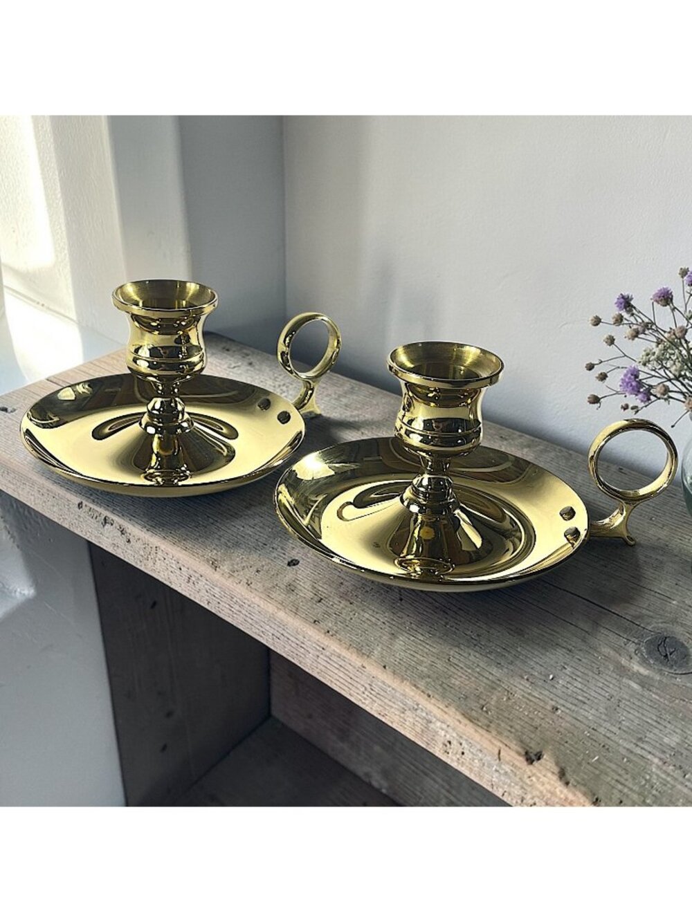 VTG Baldwin Solid Brass Taper Chamber Sticks Set Of 2 Drip Plate Handle Gold